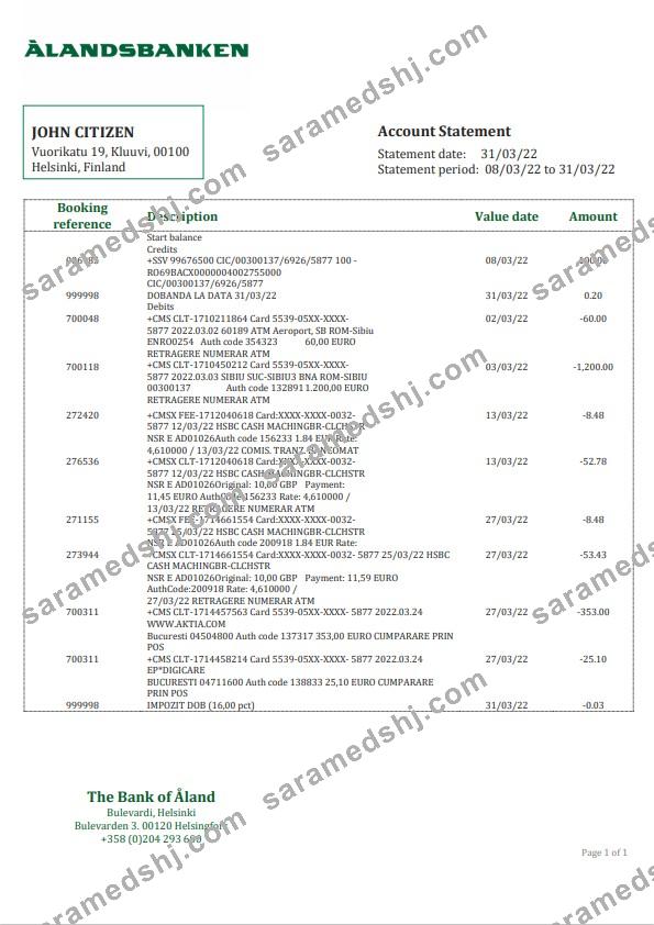 Finland Aland Bank statement template, Word and PDF format